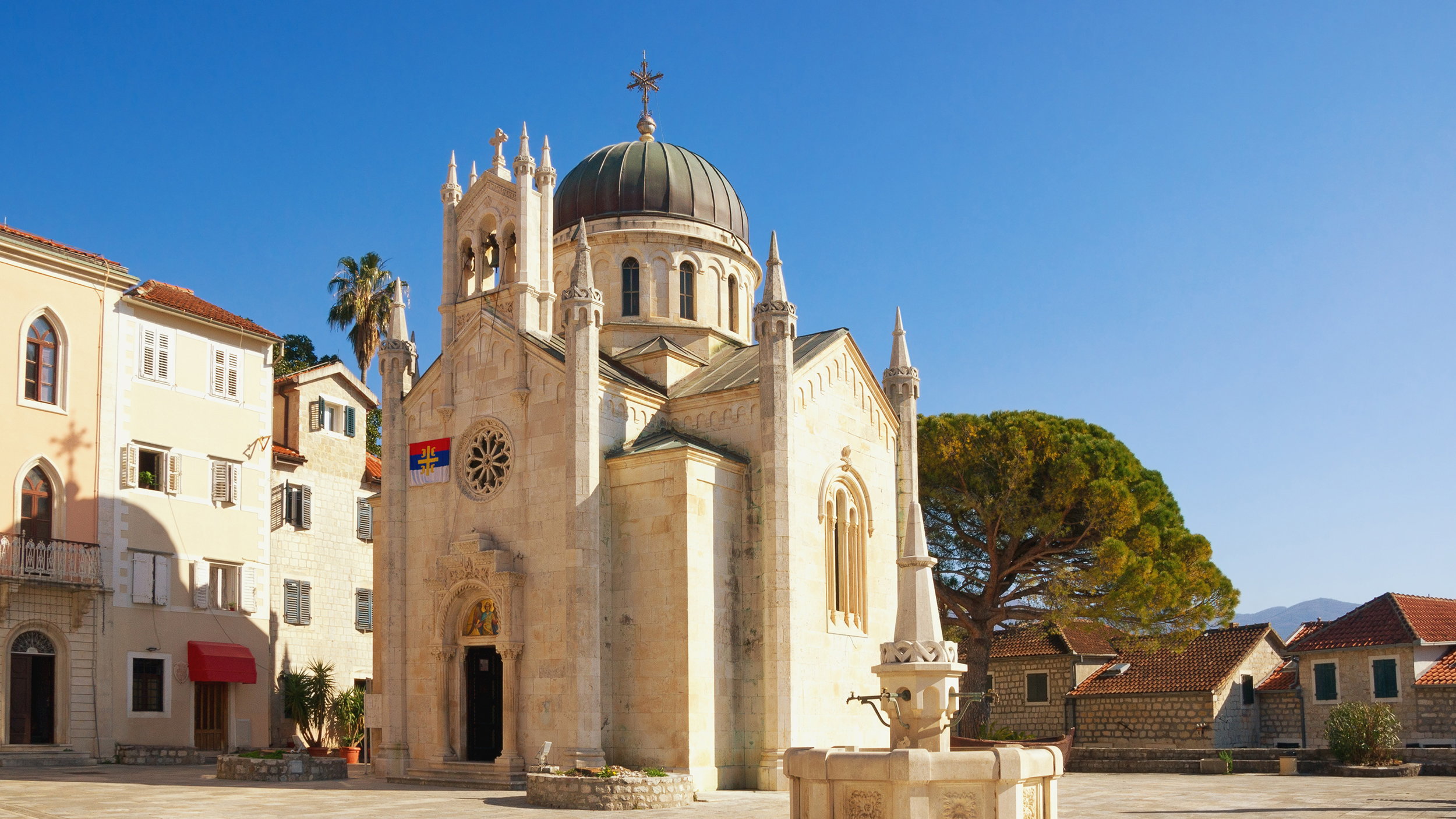 Religious architecture. Orthodox Church of Archangel Michael in Old Town of Herceg Novi, Belavista Square.  Montenegro