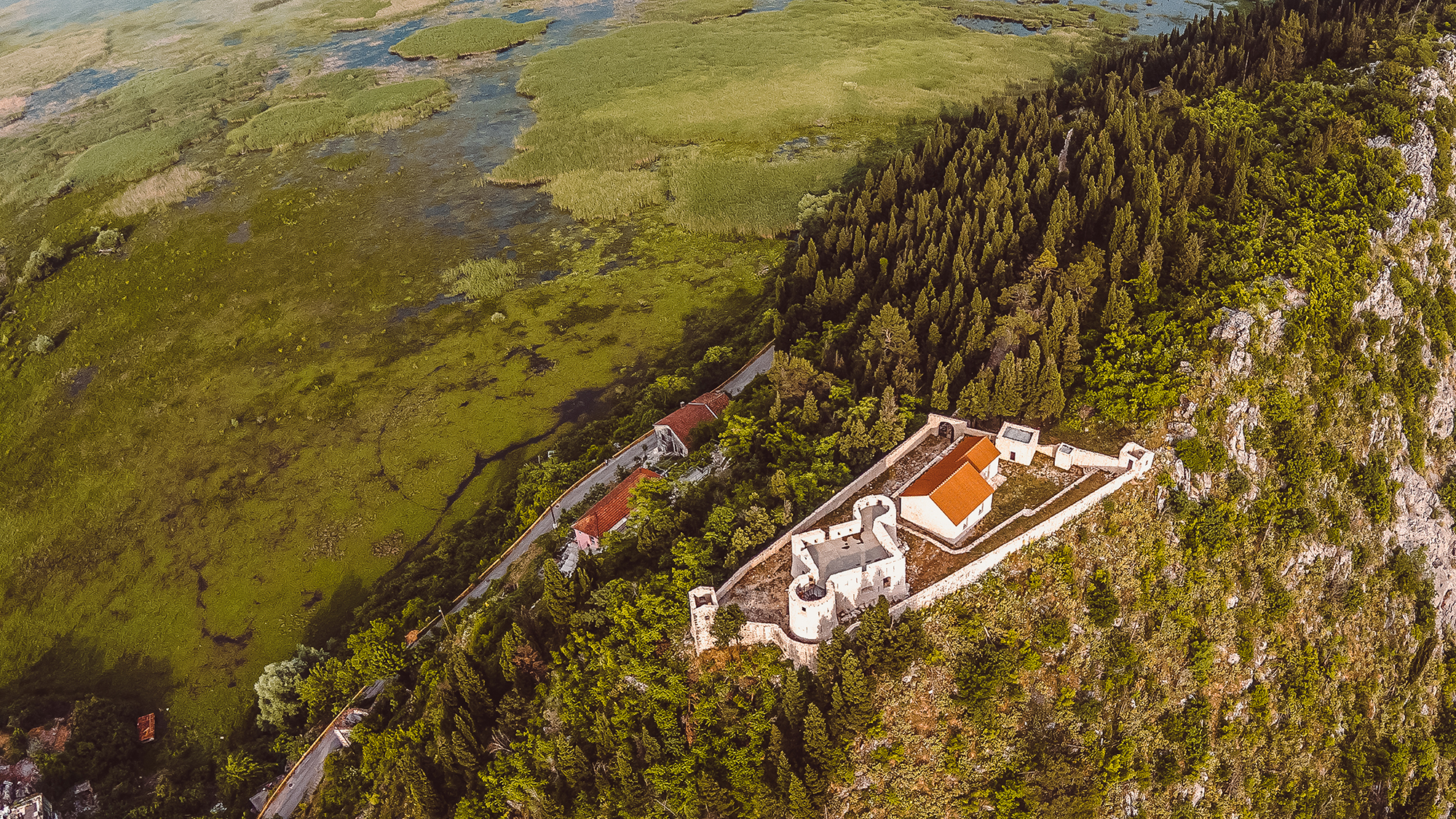 Aerial view of old medieval fortress Besac near Virpazar, Skadar lake, Montenegro