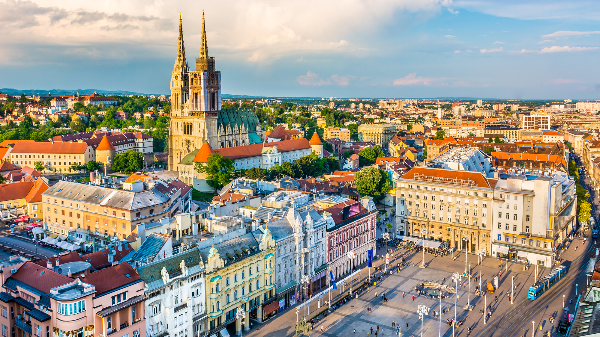 Aerial view at old city center and main square of capital of Croatia, Zagreb, Europe.
