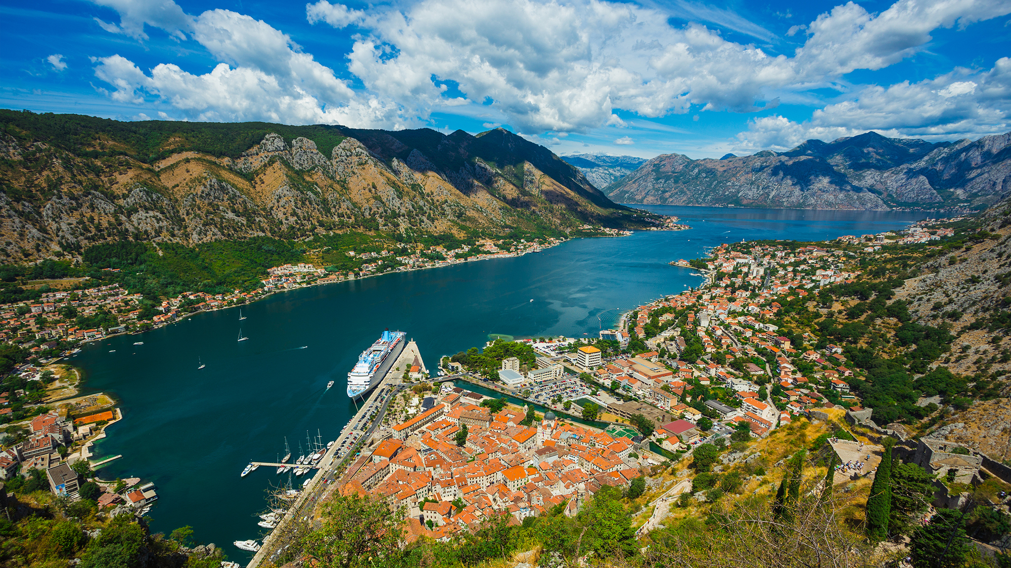 Montenegro. July 27 2017. Top view of the Bay of Kotor and the old town. Europe. Montenegro