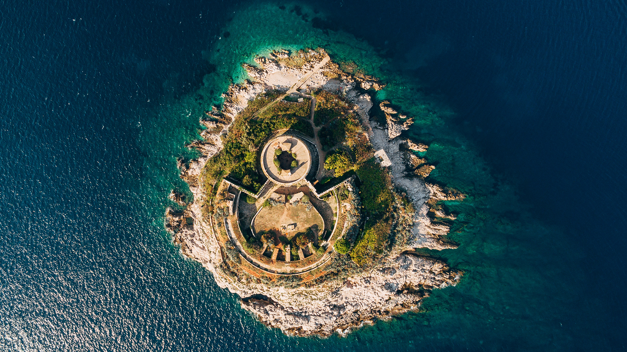 Aerial view of round fortress Mamula on the island. Montenegro